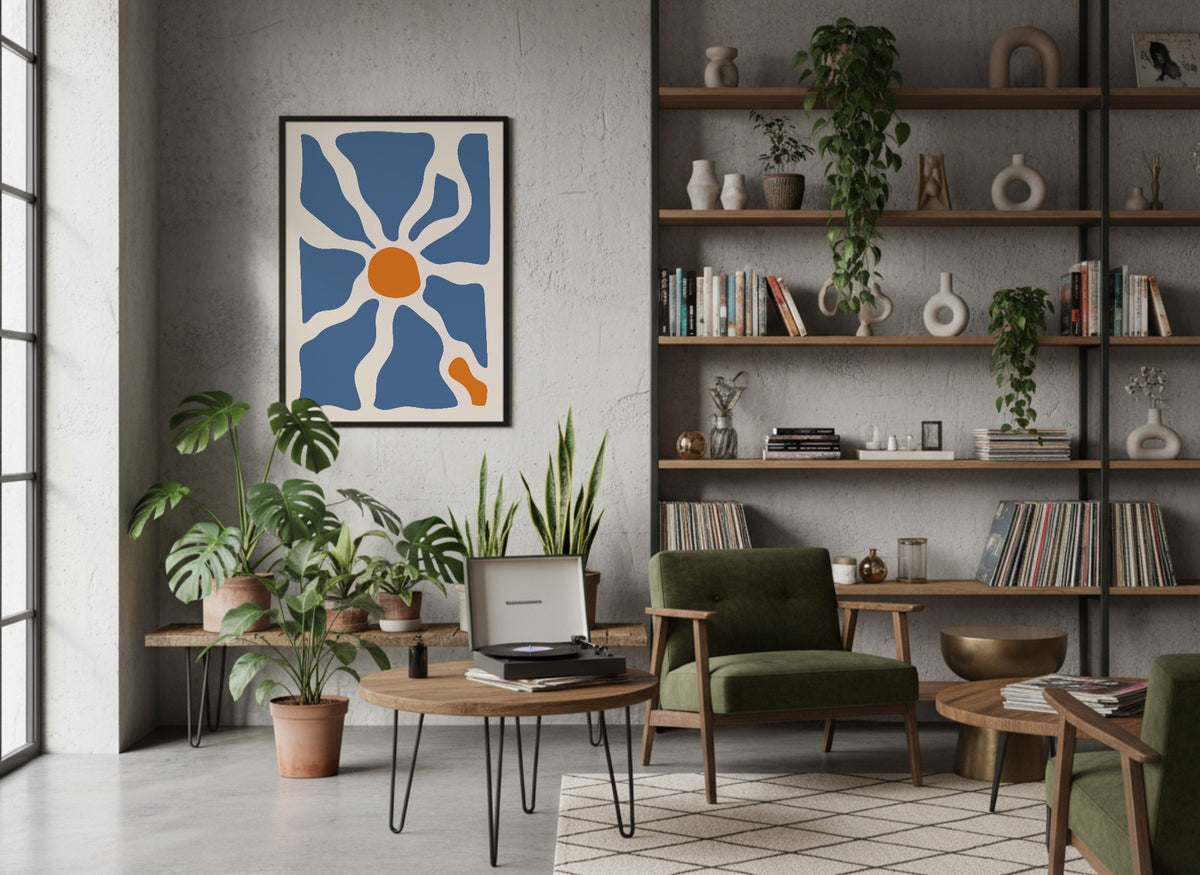 Blue Radiating Flower Abstract Poster