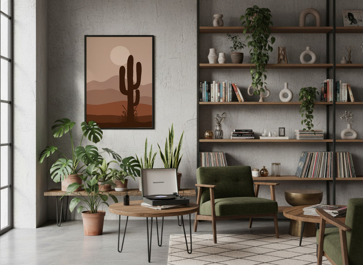Brown Desert Cactus Sunset Poster