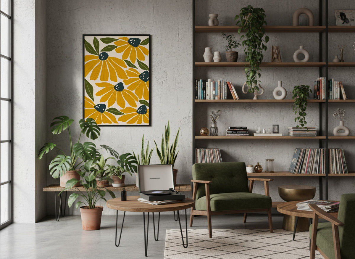 Golden Daisy Foliage Abstract Poster