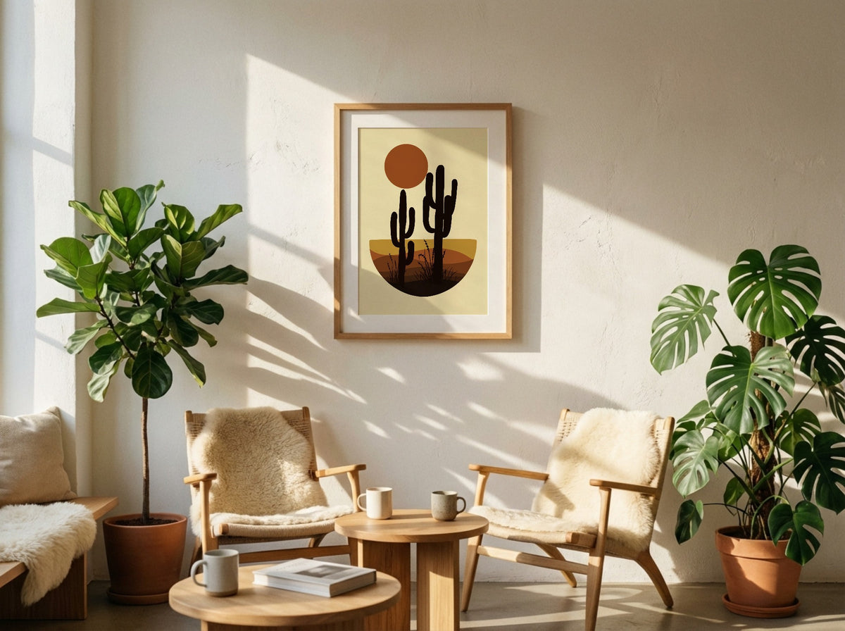 Golden Desert Cacti Sunset Poster