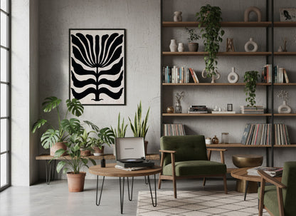 Black White Fan Bloom Abstract Poster