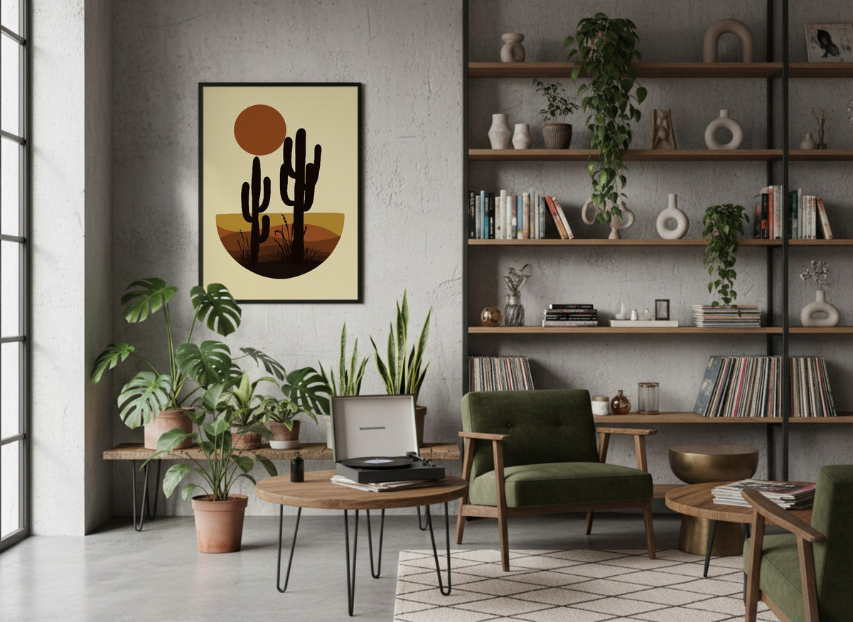 Golden Desert Cacti Sunset Poster