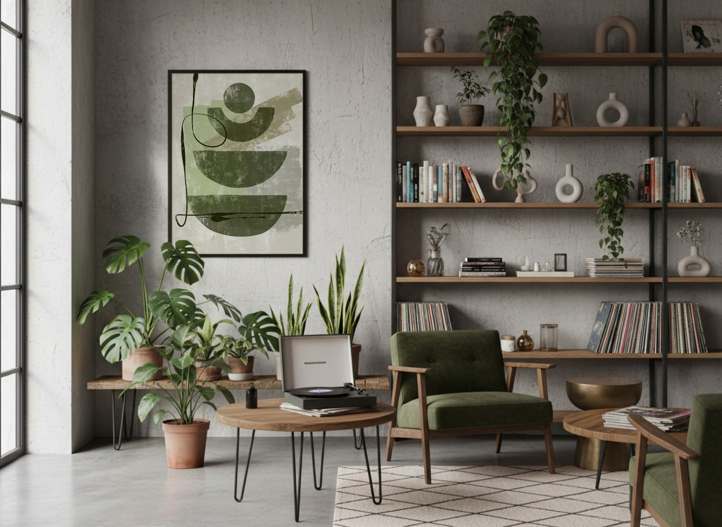 Olive Green Layered Curves Abstract Poster
