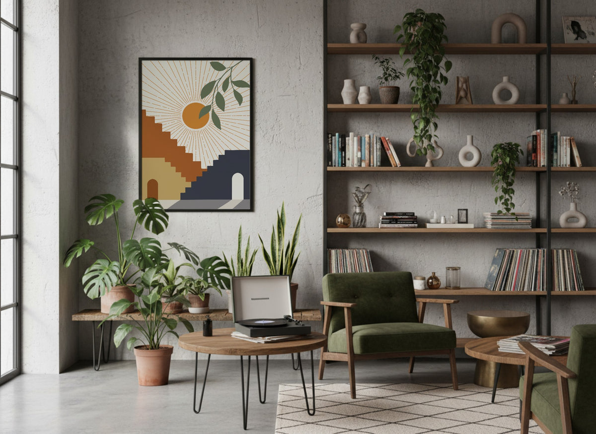 Ochre Green Botanical Stairway Abstract Poster