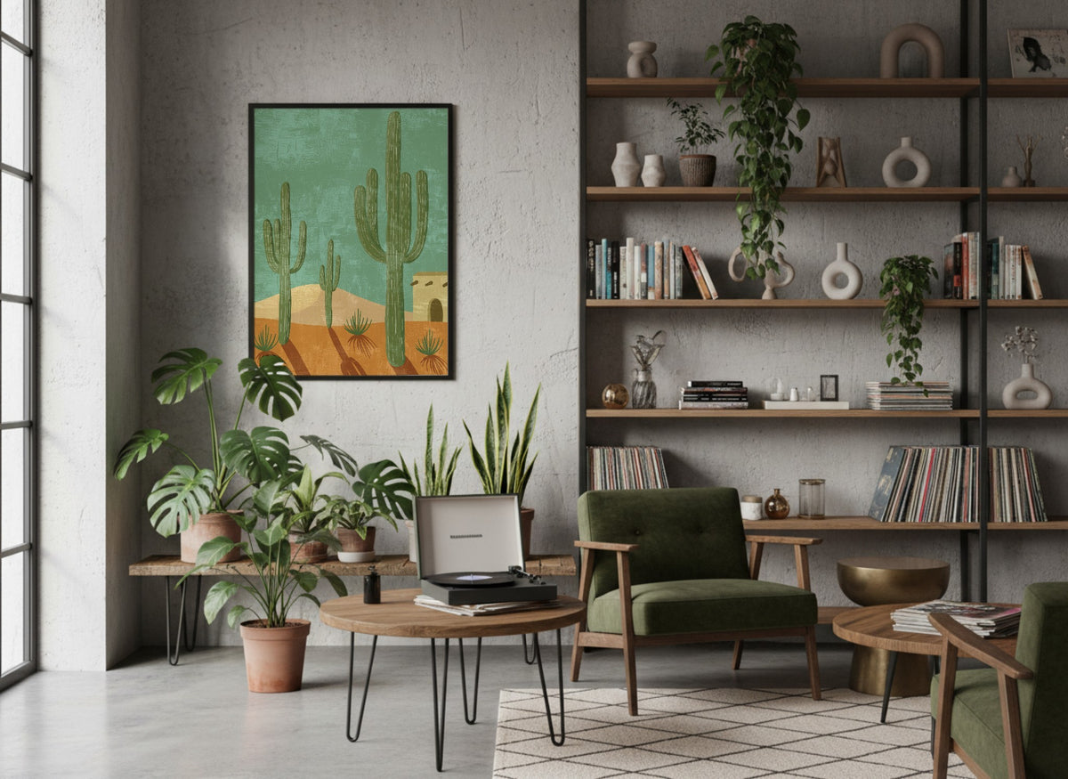 Teal Desert Cactus Pattern Poster