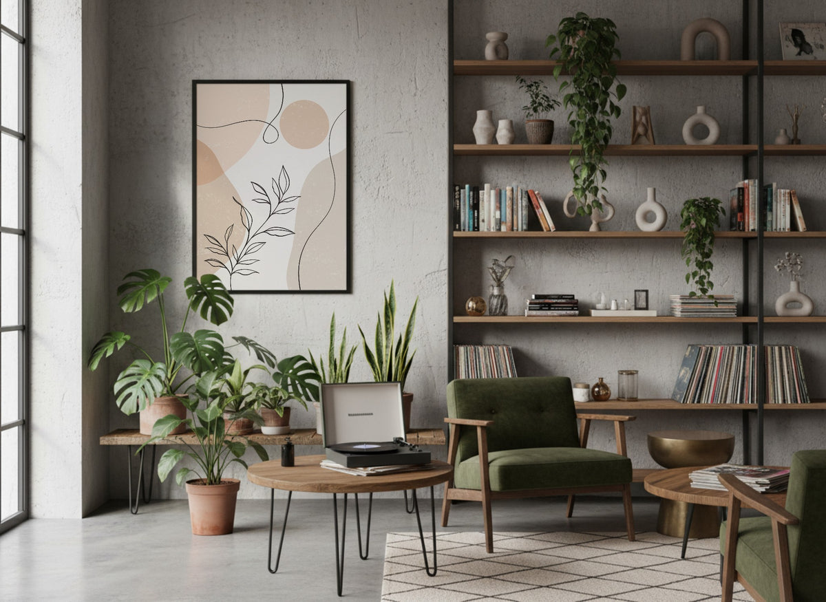 Beige Fine Line Botanical Circles Abstract Poster