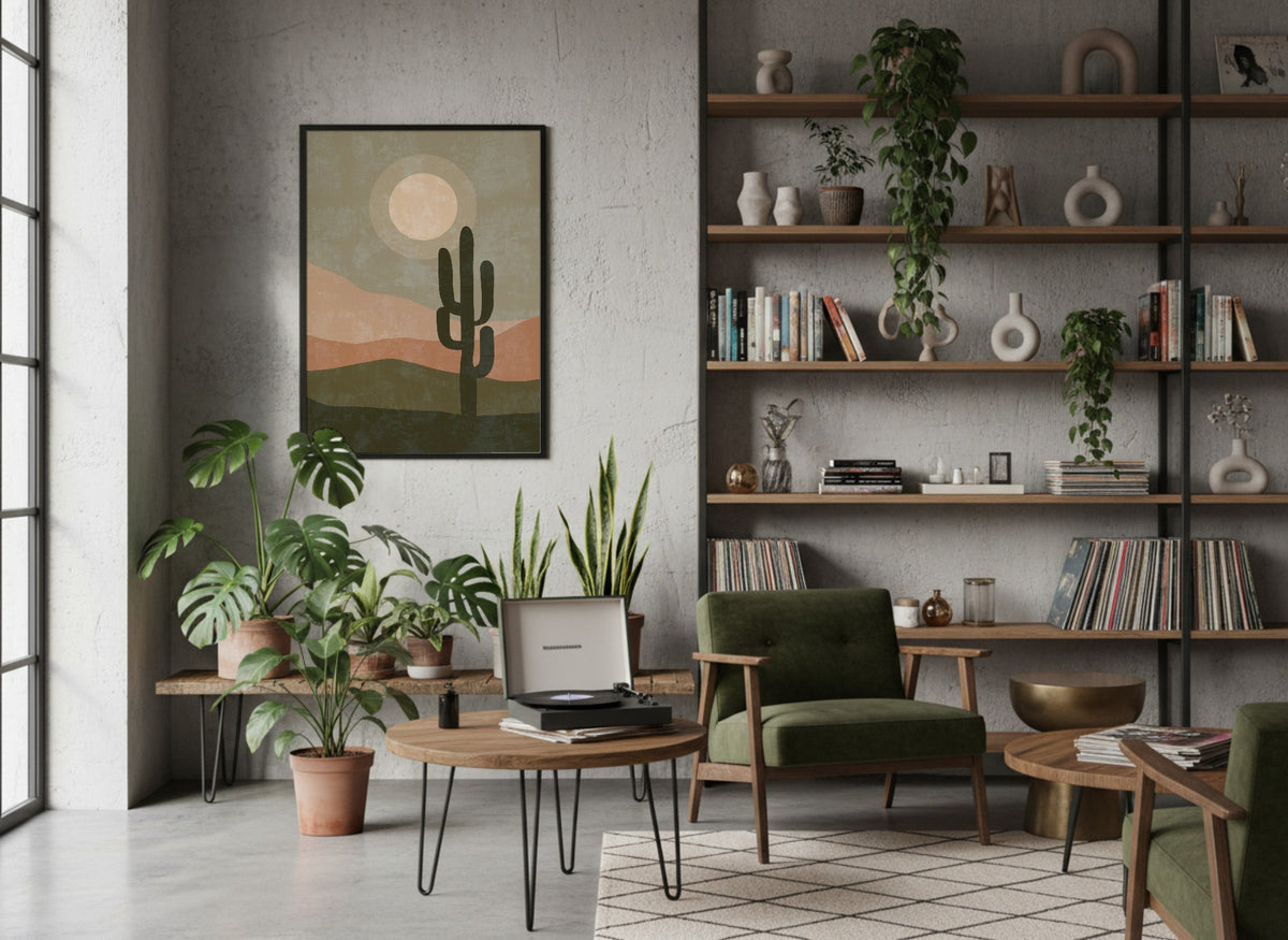 Olive Cactus Moon Landscape Poster