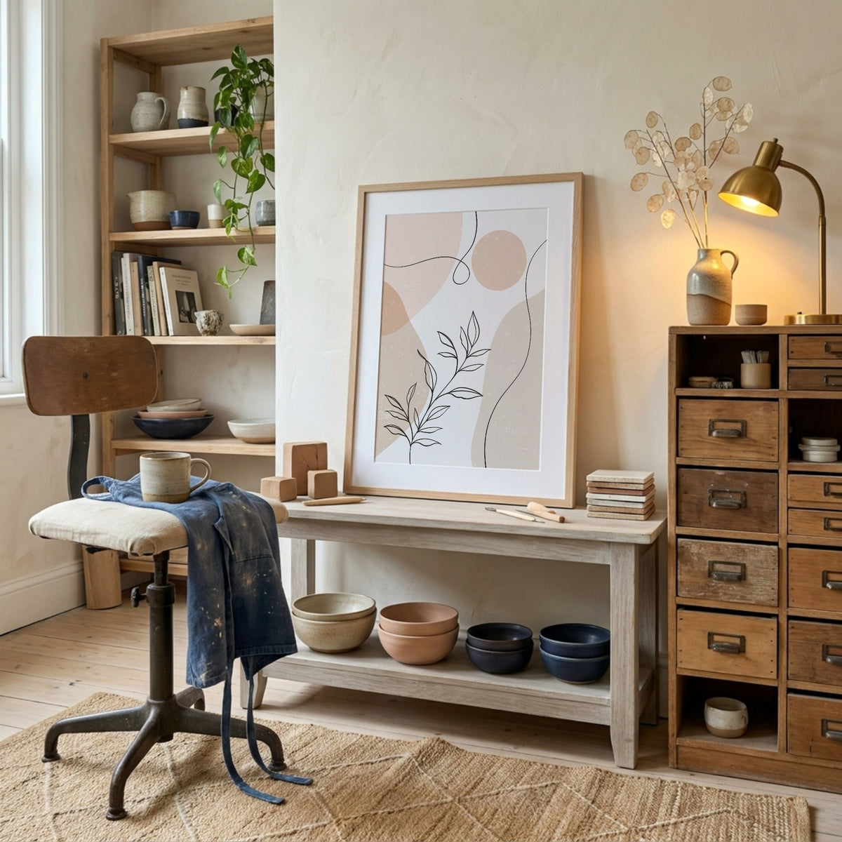 Beige Fine Line Botanical Circles Abstract Poster