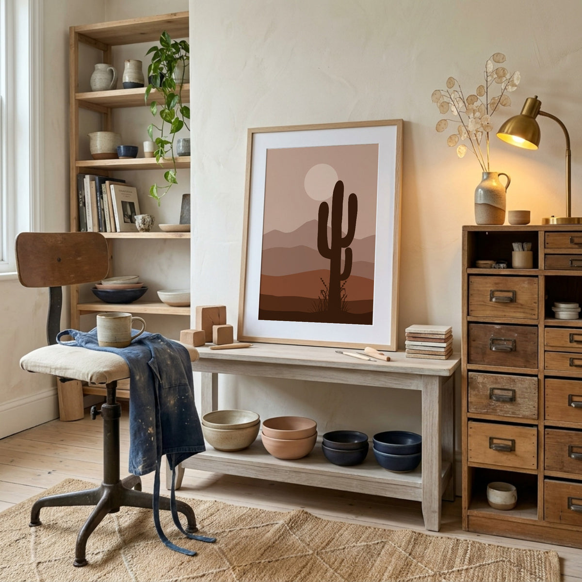 Brown Desert Cactus Sunset Poster