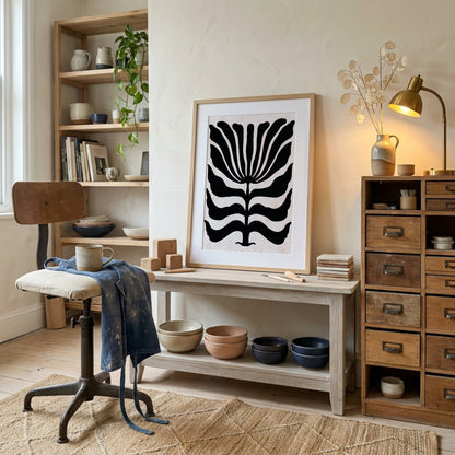Black White Fan Bloom Abstract Poster