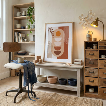 Terracotta Beige Retro Botanical Geometry Poster