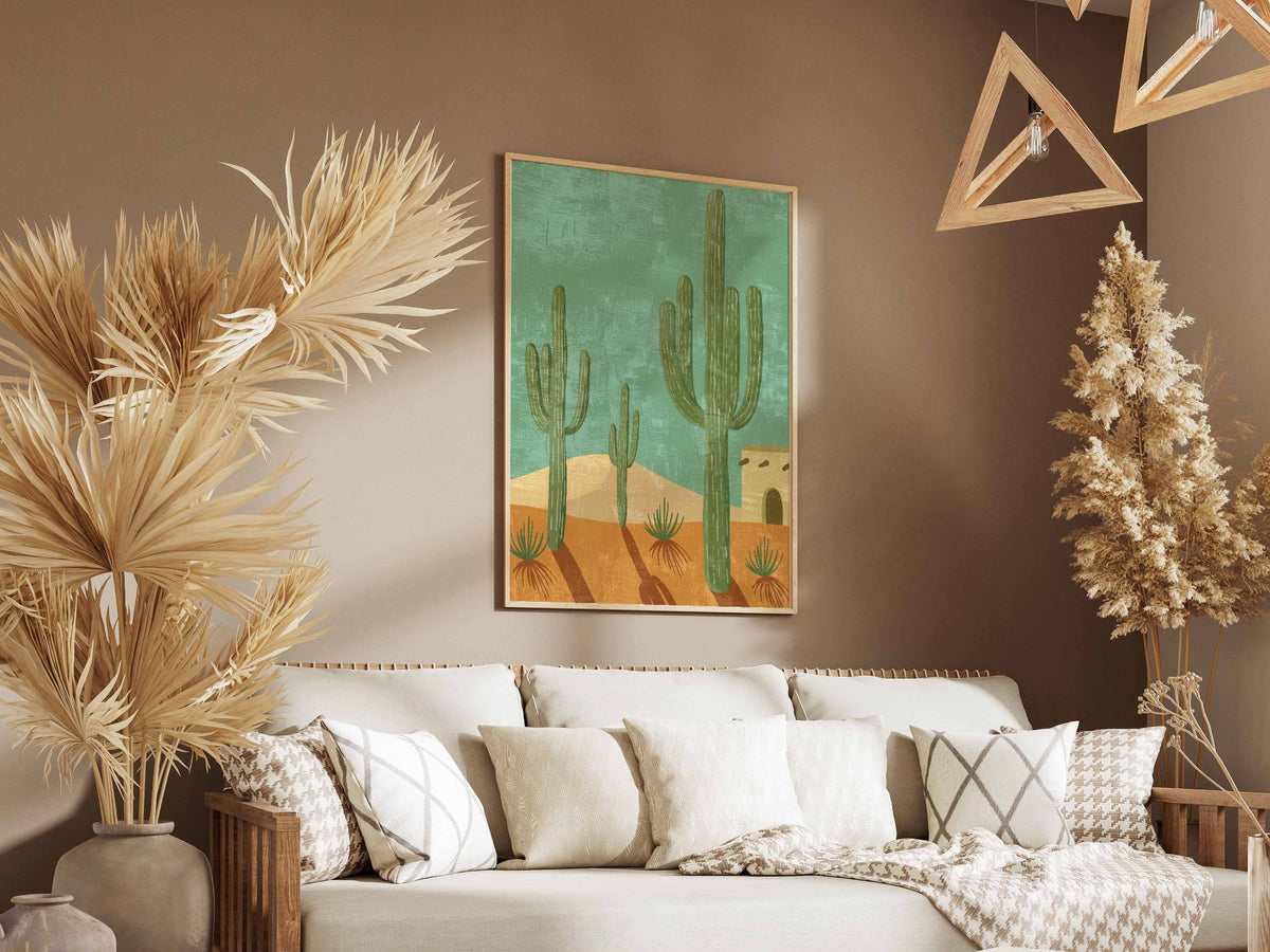 Teal Desert Cactus Pattern Poster