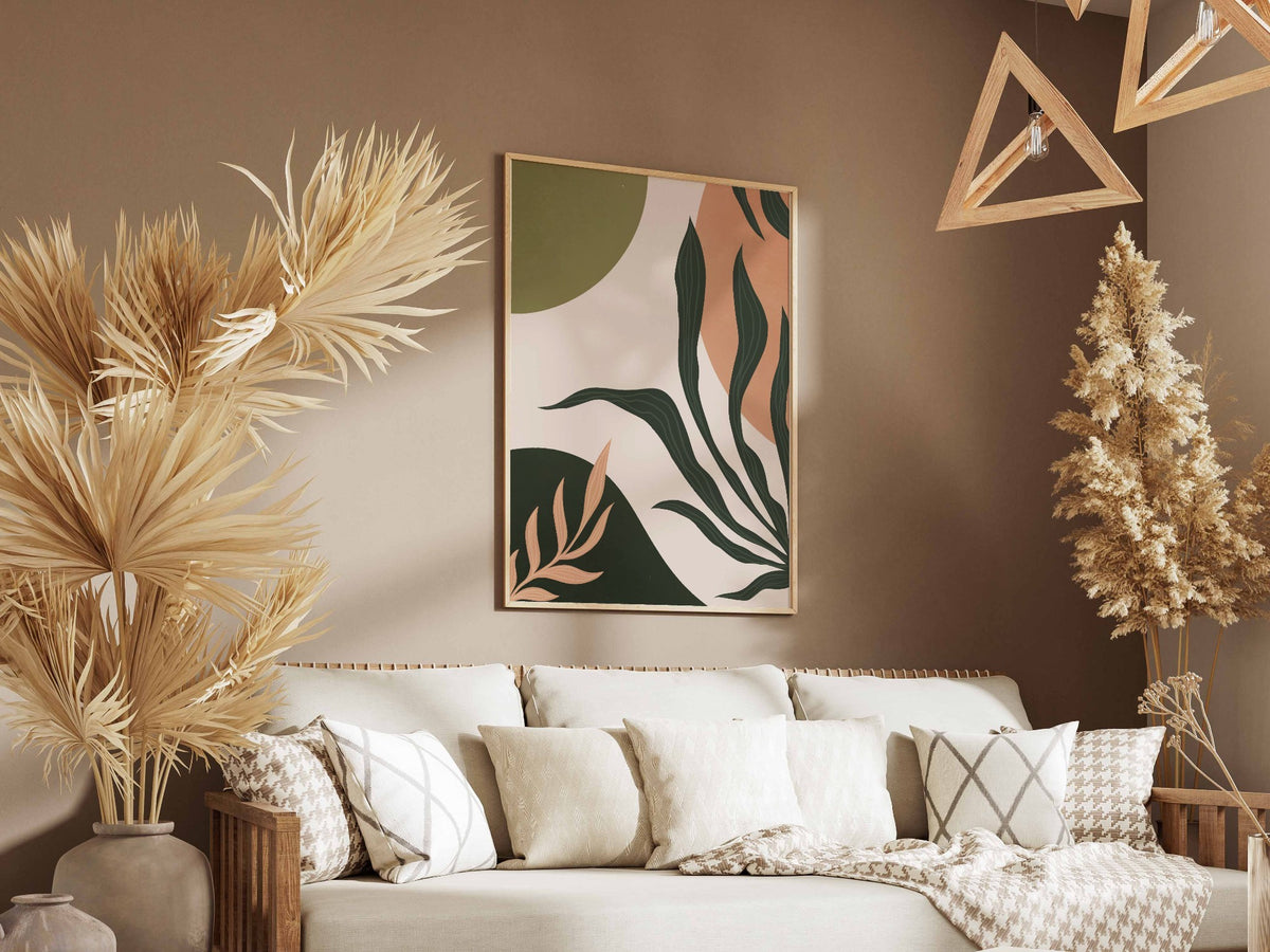 Deep Olive Peach Leaf Forms Abstract Poster