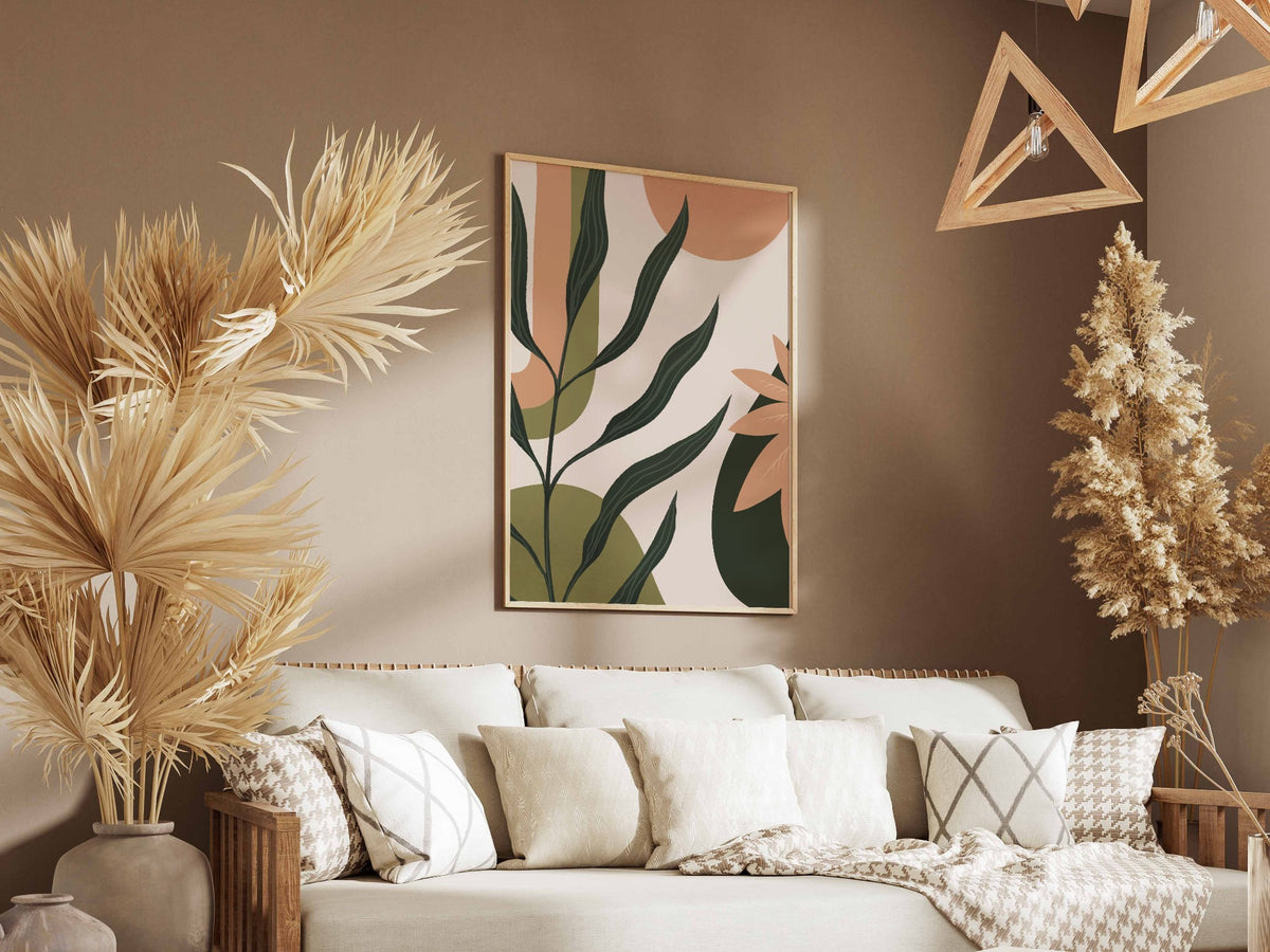 Forest Green Peach Botanical Layers Abstract Poster