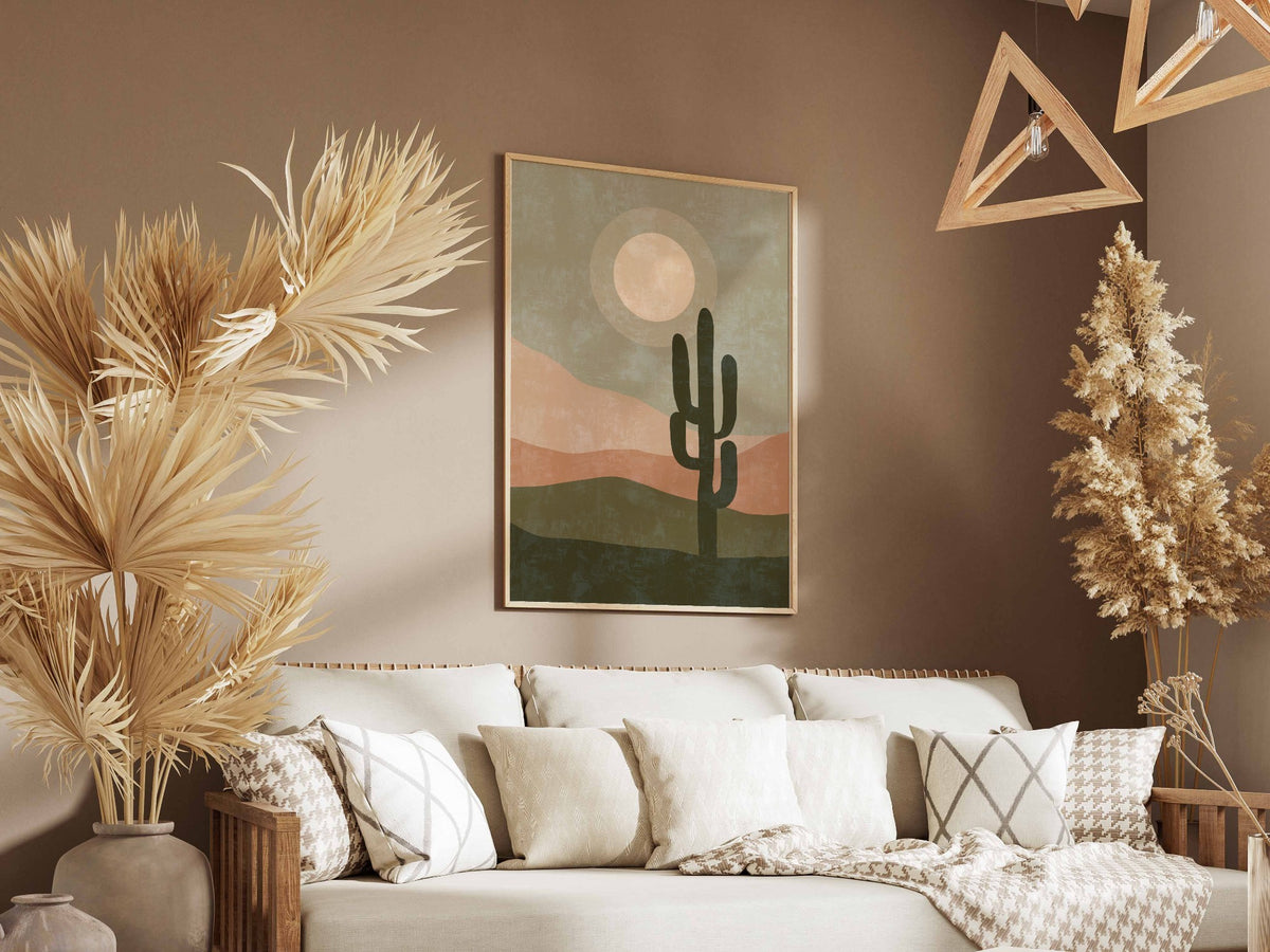 Olive Cactus Moon Landscape Poster