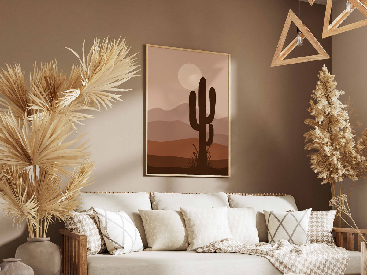 Brown Desert Cactus Sunset Poster
