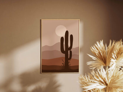 Brown Desert Cactus Sunset Poster