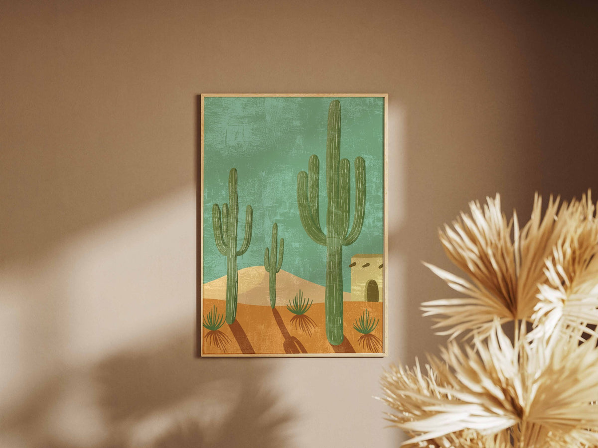 Teal Desert Cactus Pattern Poster