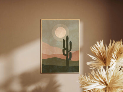 Olive Cactus Moon Landscape Poster
