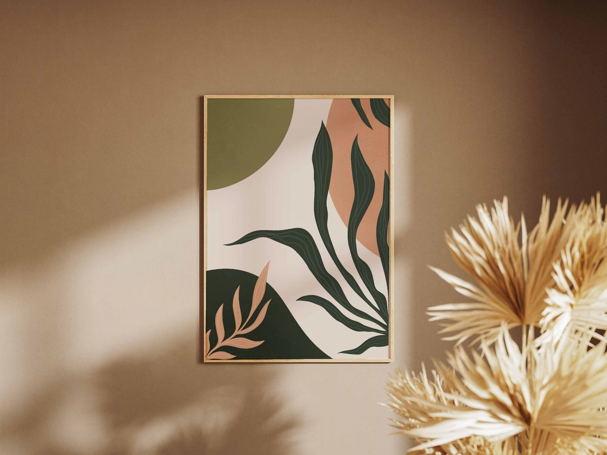 Deep Olive Peach Leaf Forms Abstract Poster