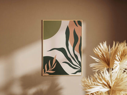 Deep Olive Peach Leaf Forms Abstract Poster