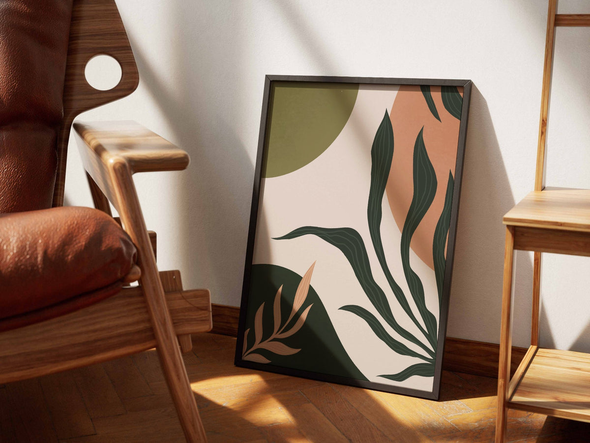 Deep Olive Peach Leaf Forms Abstract Poster