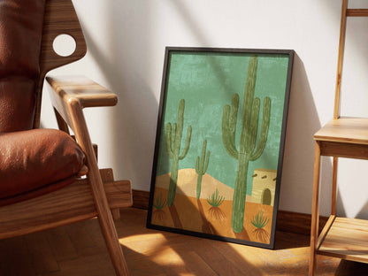 Teal Desert Cactus Pattern Poster