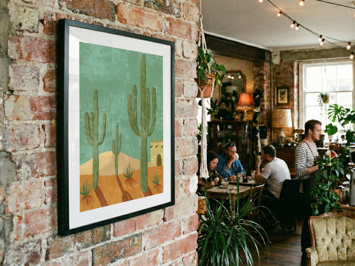 Teal Desert Cactus Pattern Poster