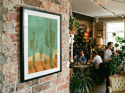 Teal Desert Cactus Pattern Poster