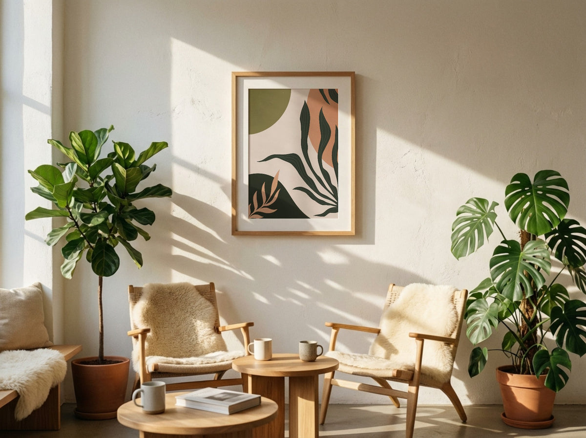 Deep Olive Peach Leaf Forms Abstract Poster