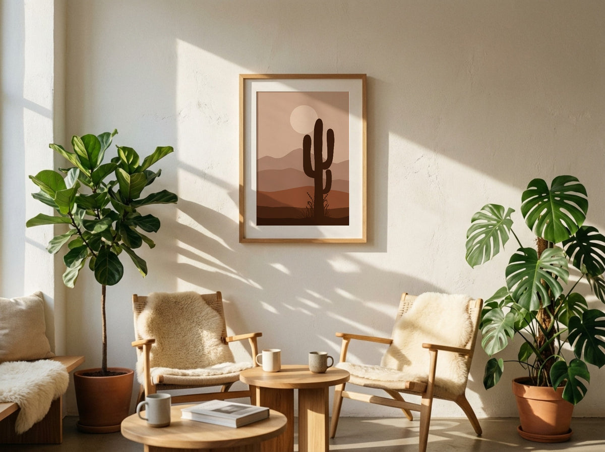 Brown Desert Cactus Sunset Poster